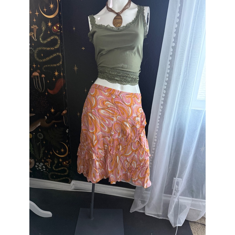 Michael Michael Kors Silk Psychedelic Swirl Ruffle Skirt Orange Pink Womens 16
